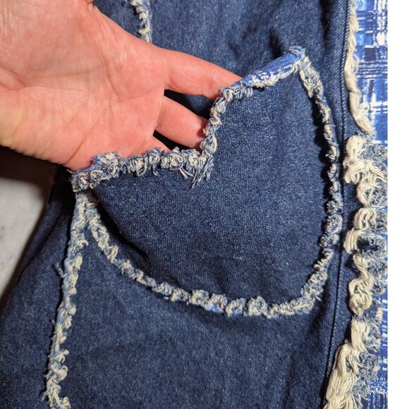 Vtg Y2K Dark Wash Open Front Frayed Edge Heart Pocket Long Denim Jacket Sz L - Picture 3 of 4